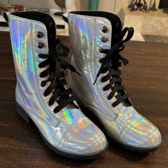 N.Y.L.A. Shoes - N.Y.L.A. Holographic Silver Iridescent Combat Boots Size 6
